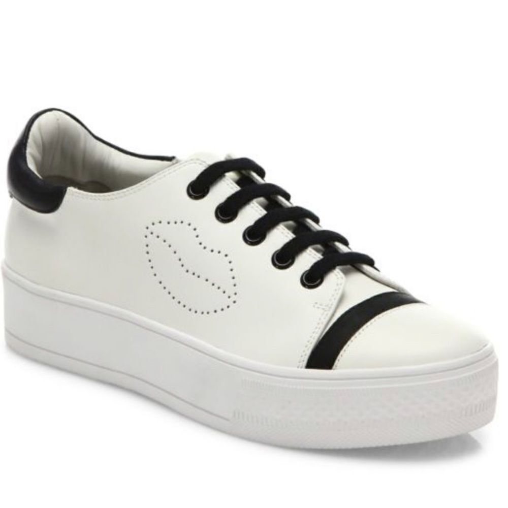 Alice Olivia Off-White Pax Leather Platform Sneakers W/Lip Perforation Size 7
